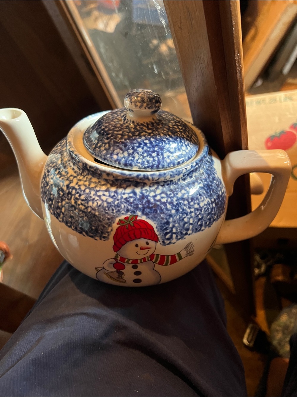 Vintage Blue Speckle Snowman Ceramic Teapot - Seasonal Home Art